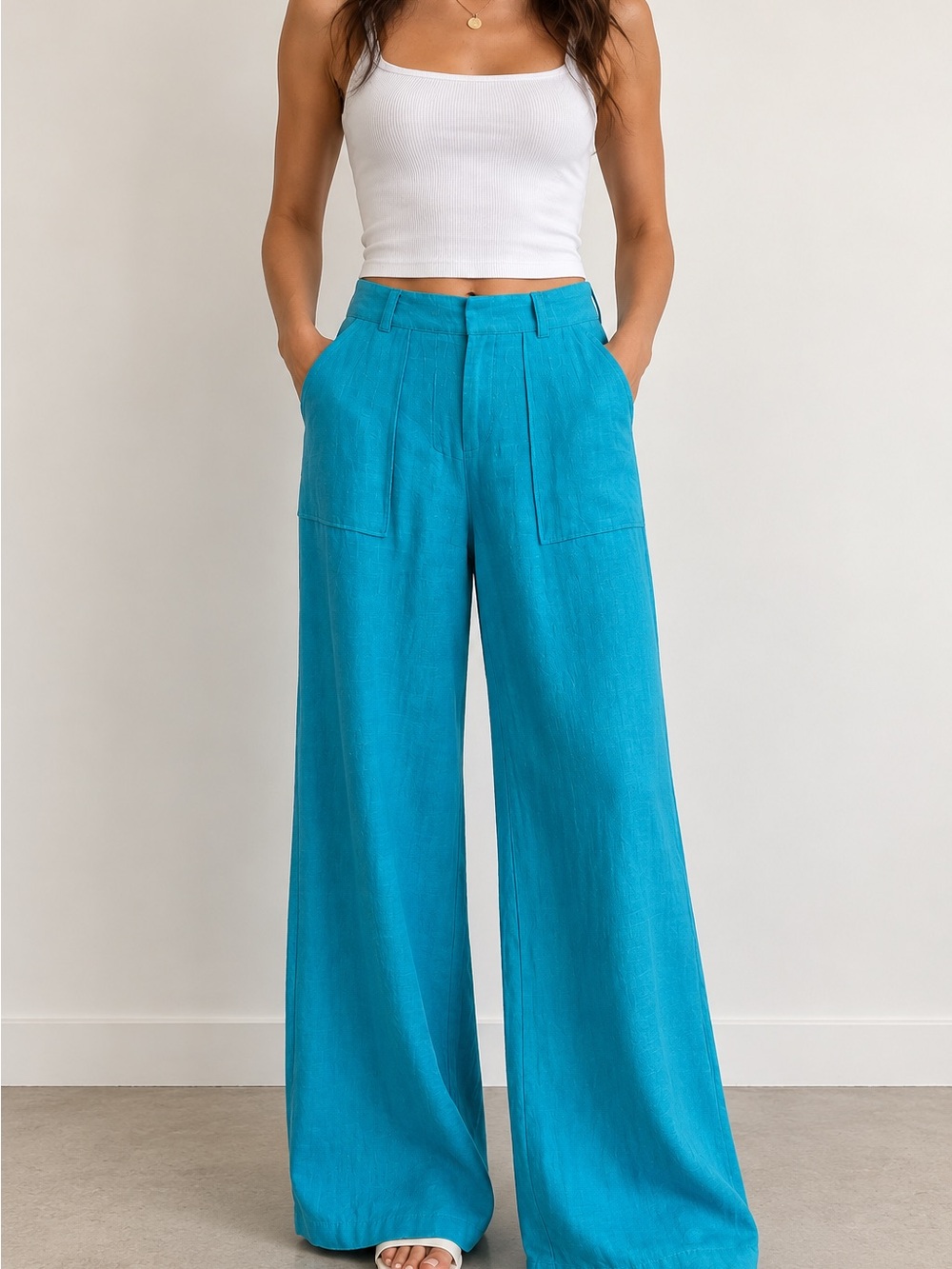 Nasty Gal Turquoise Wide-Leg High-Rise Trousers